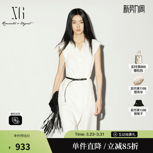 V领连衣裙简约飘带A字伞裙配腰带女 白色无袖 雪歌XL204016A251