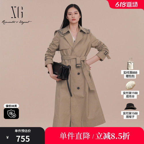 XG雪歌XK108006A273卡其色棉感风衣2025春季新款淑女风长款外套女