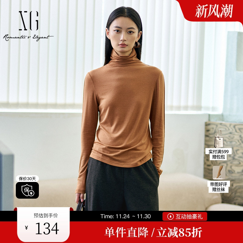 XG/雪歌XK401005A533绵羊毛长袖高领T恤2025冬季新款修身上衣女装