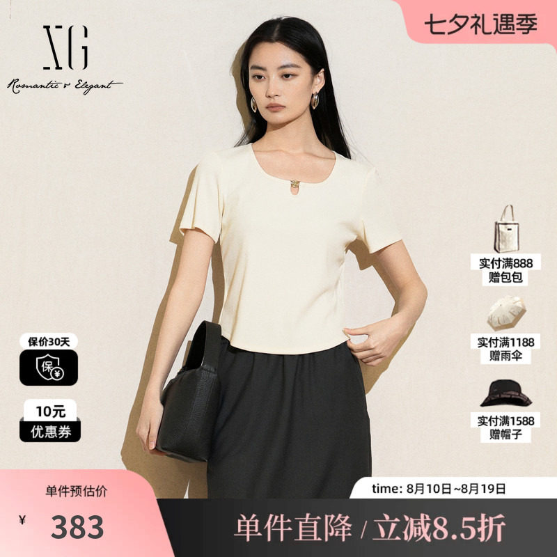 XG/雪歌XL201008A591米白色圆领镂空短袖T恤修身百搭薄款上衣女装