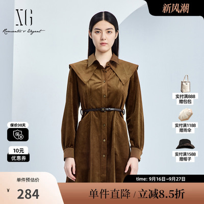XG/雪歌XJ304002A572翻领长袖连衣裙时尚秋季新款深咖色A字短裙女