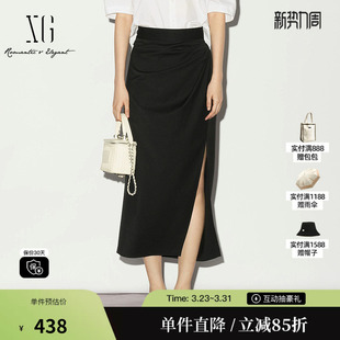 半身裙捏褶高腰开叉淑女长裙女 黑色直筒长款 雪歌XL203007A290