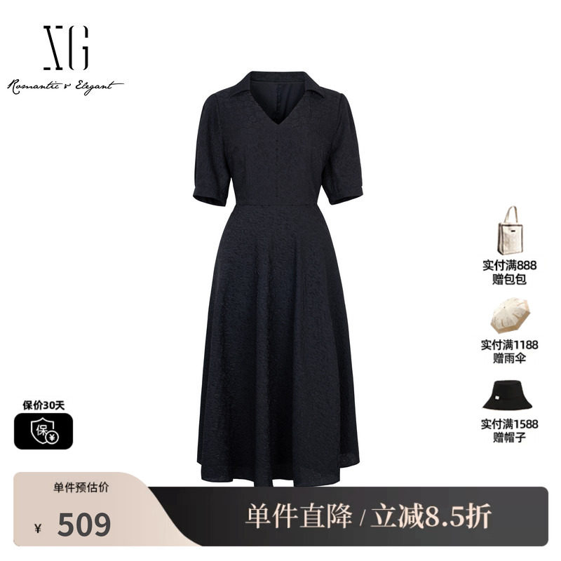 XG/雪歌XK204078A190中长款连衣裙2025夏季新款黑色短袖A字裙女装