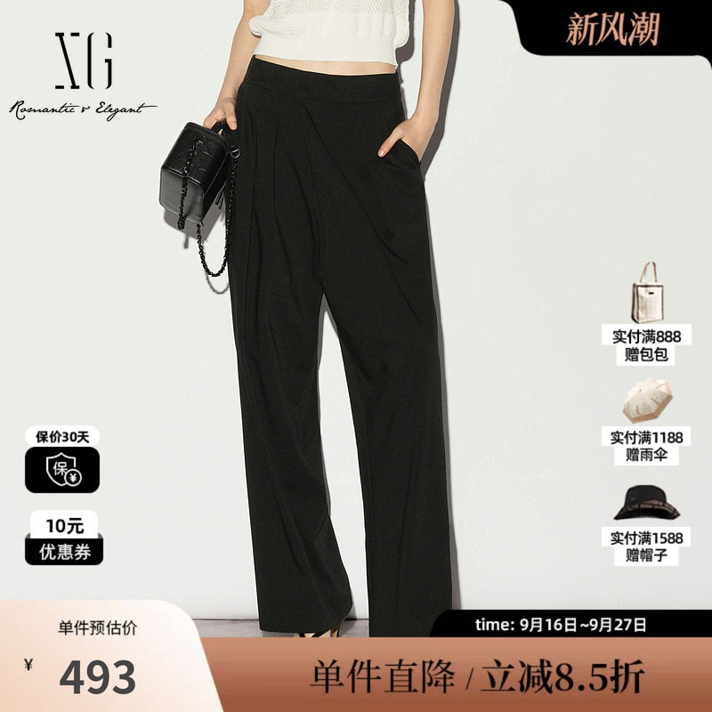 XG/雪歌XL202003A290 黑色直筒捏褶休闲裤通勤薄款中腰西装长裤女