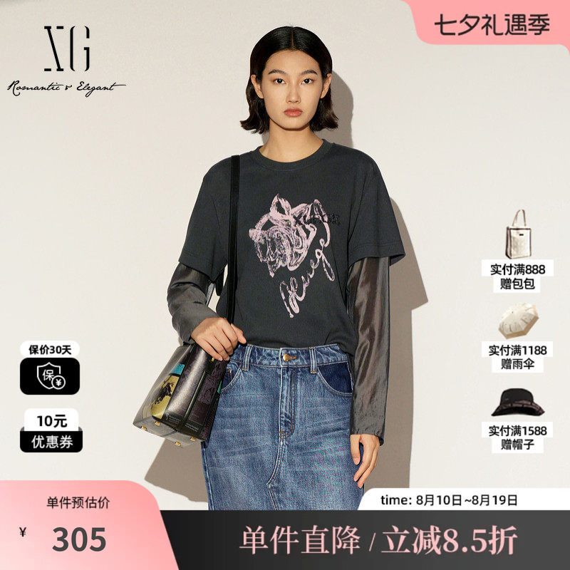 XG/雪歌XL101005A383棉感假两件T恤圆领拼接宽松直筒打底上衣女装