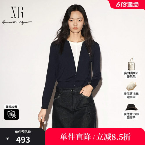 XG/雪歌 XL311005B228藏青白色假两件醋纤棉混纺长袖针织衫通勤女