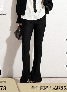 XG雪歌XK102005A190淑女风休闲裤2025春季新款黑色高腰微喇长裤女