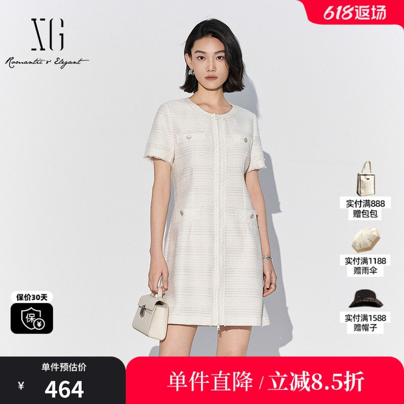 XG/雪歌XK204048A151 白色小香风圆领短袖连衣裙收腰直筒中长裙女