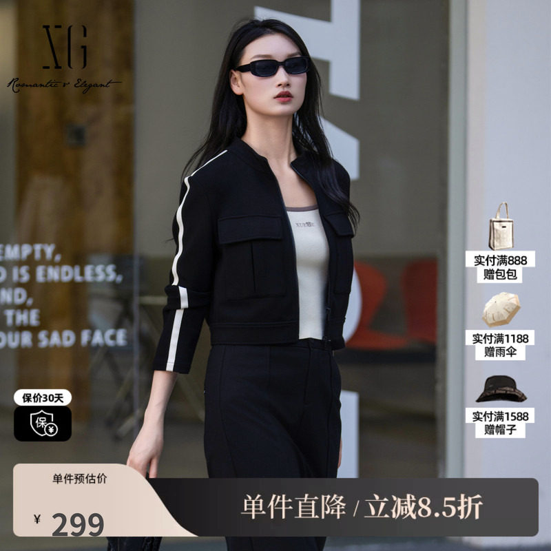 XG/雪歌XK307006A490 黑色立领长袖短外套修身显瘦休闲拉链上衣女