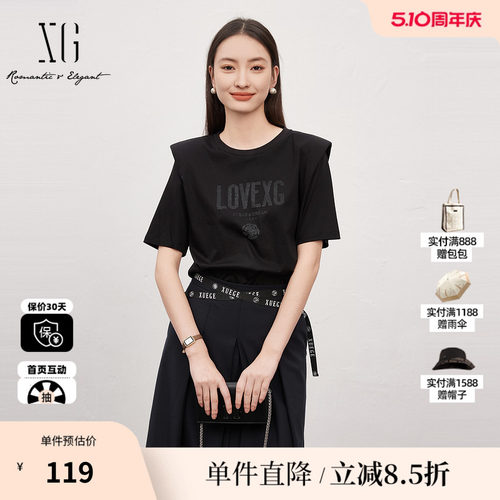 XG/雪歌XJ201034A790黑色印花T恤时尚夏季新款设计感短袖上衣女装