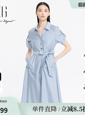 XG雪歌XJ204041A521翻领短袖连衣裙时尚夏季新款修身气质衬衫裙女