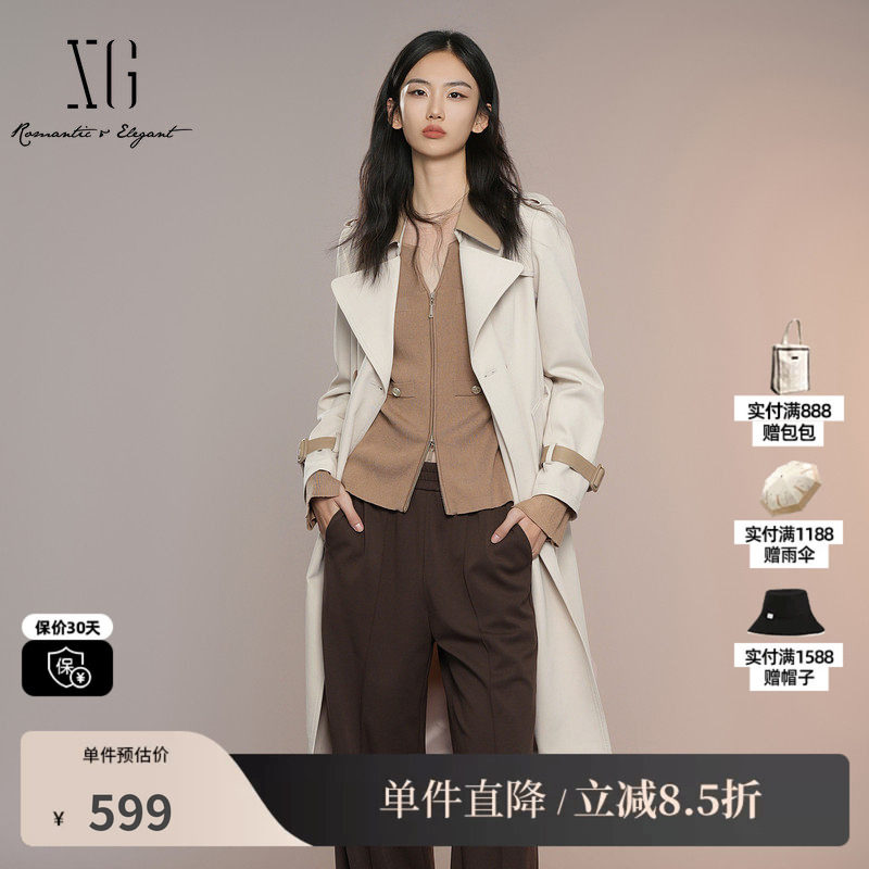 XG雪歌XK308004A460浅米色中长款风衣2025秋季新款长袖翻领外套女