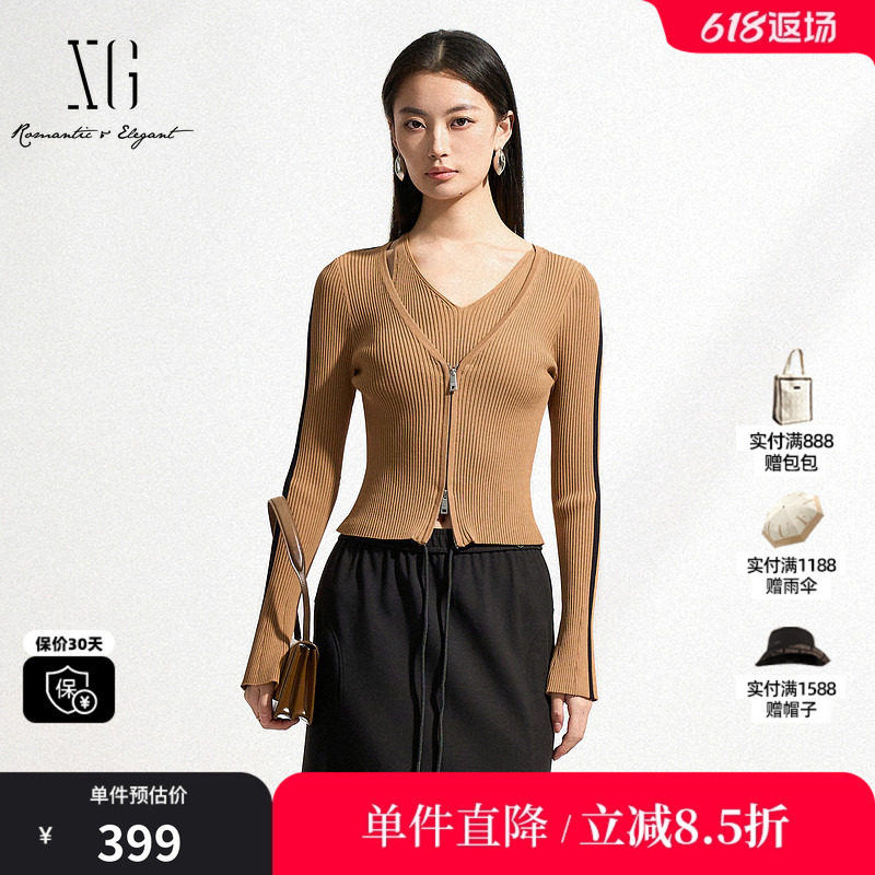 XG/雪歌XK111505A873 黑咖色假两件针织衫修身显瘦套头长袖毛衣女
