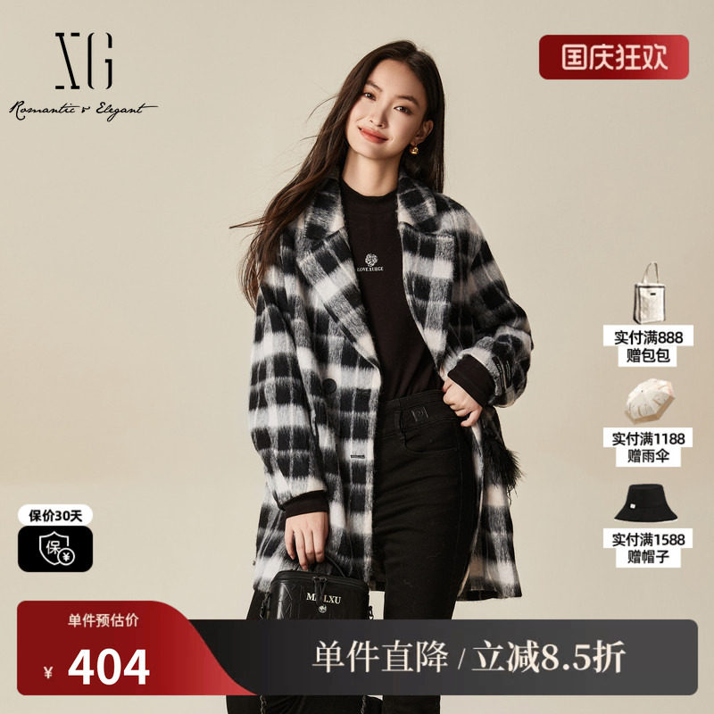 XG/雪歌XJ410036B495 黑白格纹毛呢外套中长款通勤羊毛混纺大衣女