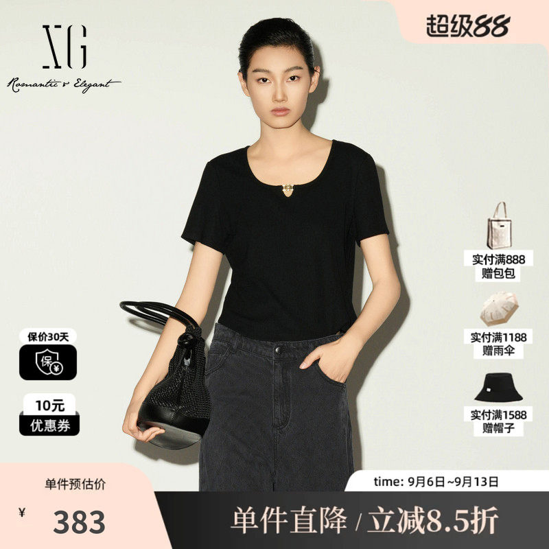 XG/雪歌XL201007A590黑色圆领镂空短袖T恤修身百搭薄款短上衣女装