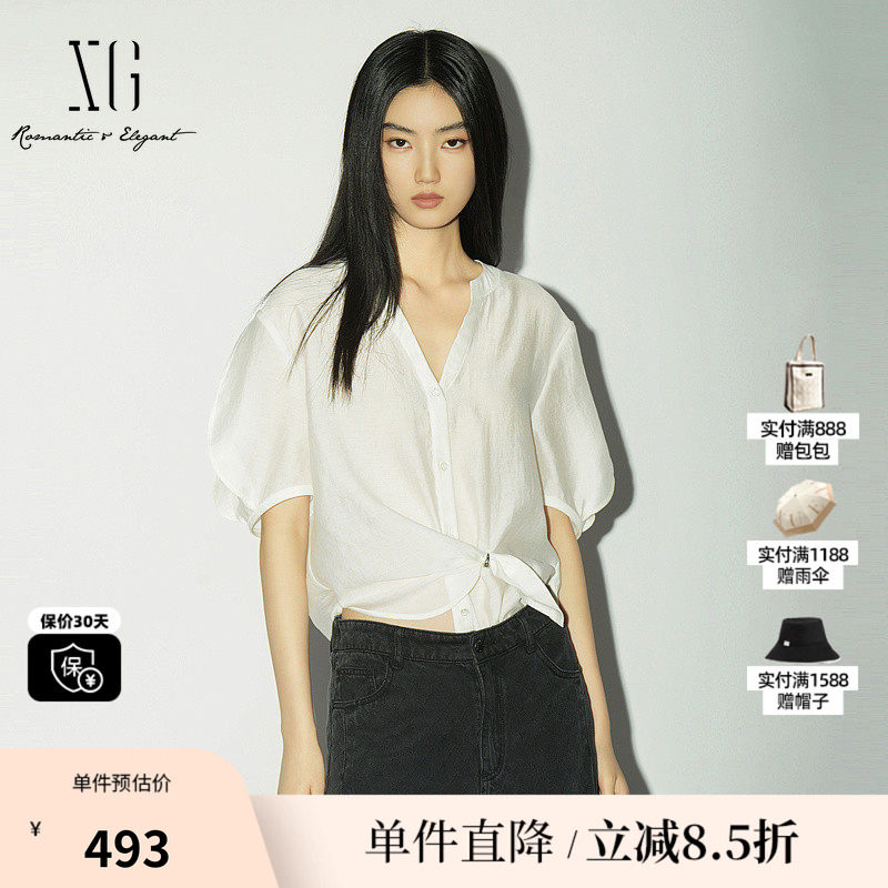 XG/雪歌XL221024A251白色短袖V领衬衫直筒灯笼袖莱赛尔扭结上衣女