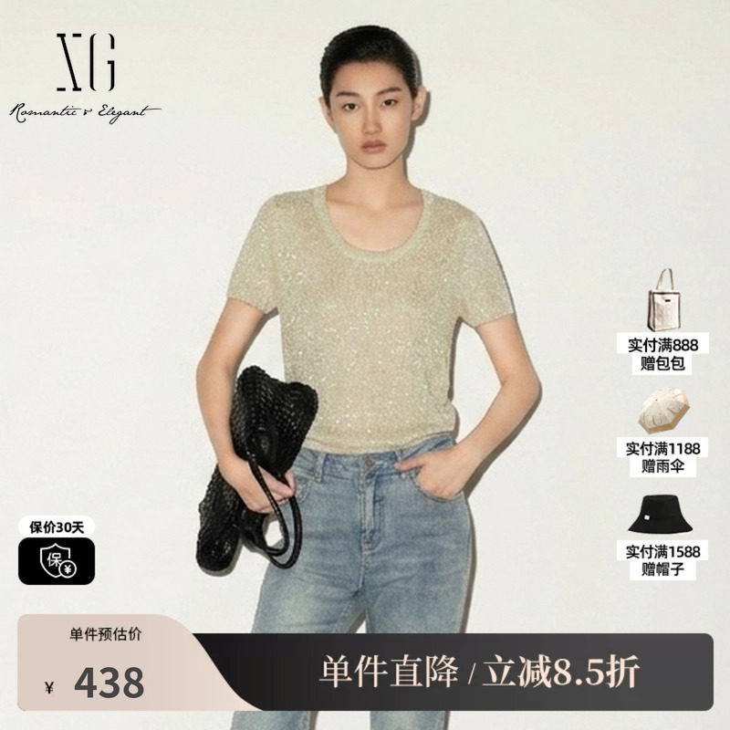 XG/雪歌XL211004A160 米色圆领短袖针织衫亮丝宽松直筒毛衫毛衣女