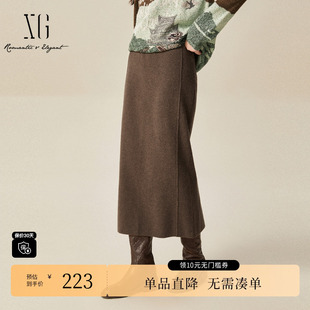 绵羊毛A字裙女 新款 雪歌XJ411086A572咖啡色通勤半身裙2024冬季