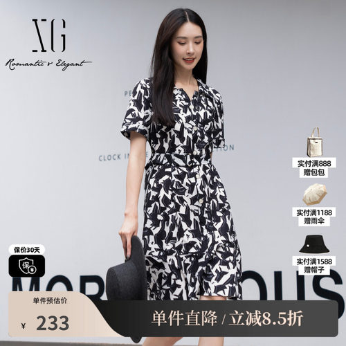 XG雪歌XJ204064B993印花短袖连衣裙时尚夏季新款翻领薄款衬衫裙女