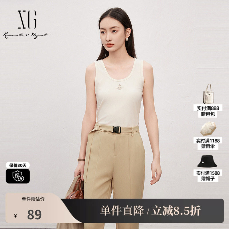 XG/雪歌XK222002A191 浅米色无袖工字型背心字母遮副乳棉感吊带女