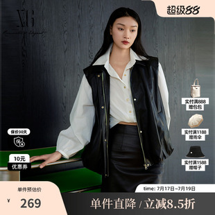 XG/雪歌XK324002A990 黑色翻领无袖皮马甲光泽直筒宽松外穿马夹女
