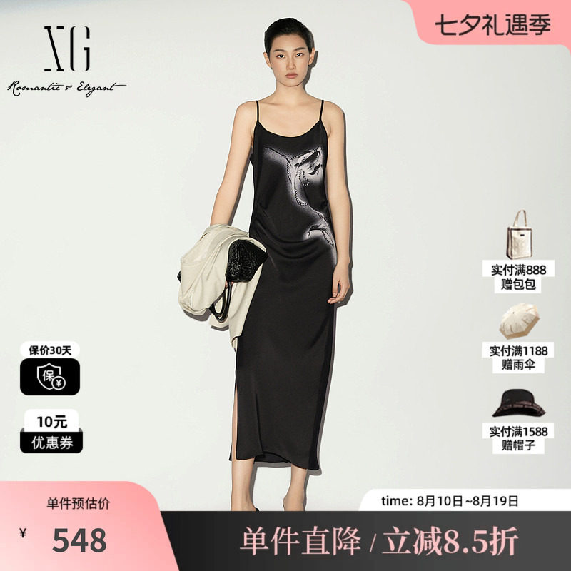 XG/雪歌 XL204040A190黑色印花修身吊带连衣裙薄款无袖背心开叉女