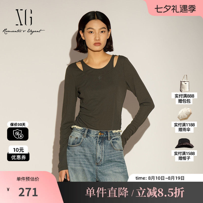 XG/雪歌XL101011A484灰色假两件长袖T恤圆领镂空修身直筒打底女装