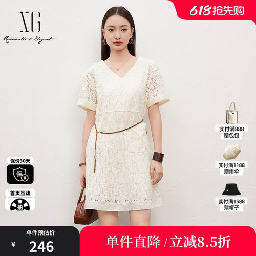 XG雪歌XJ204042A591米白蕾丝短袖连衣裙棉感夏季新款收腰直筒裙女