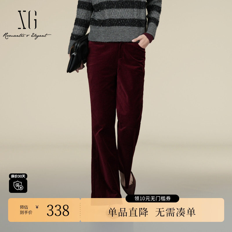XG/雪歌XK402003A415酒红色休闲裤2025冬季新款设计感微喇长裤女