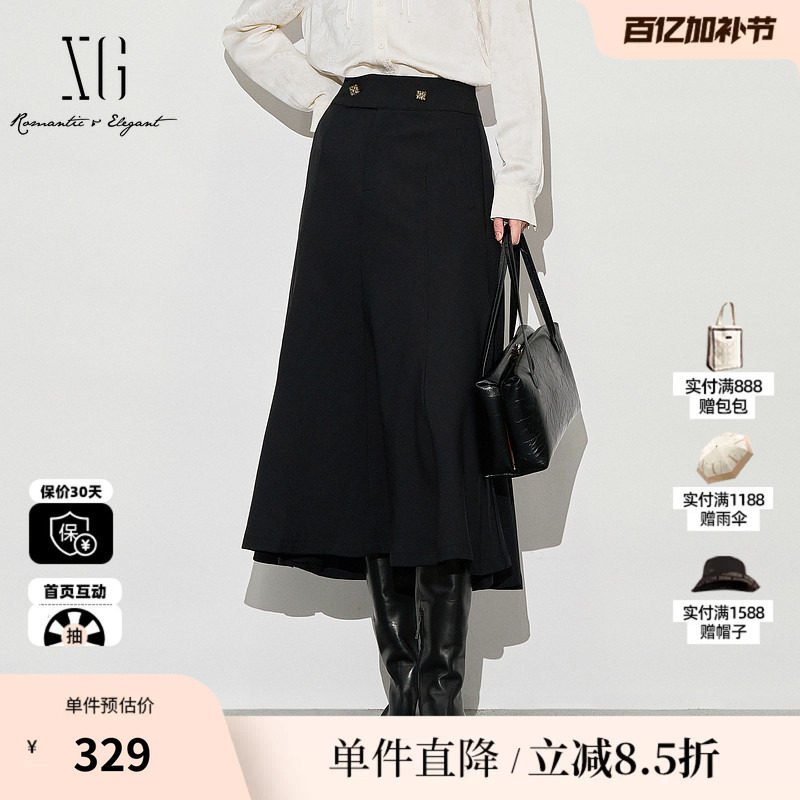 XG/雪歌XJ303020A590中长款黑色半身裙时尚秋季新款高腰A字裙女装
