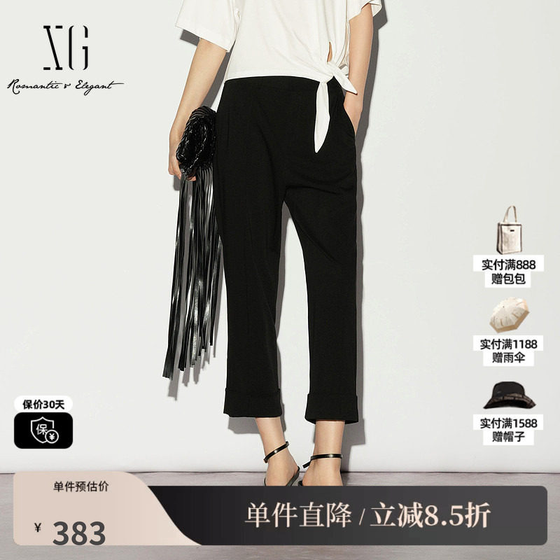 XG/雪歌XL202024A290 黑色直筒九分休闲裤翻边烟管口袋薄款裤子女