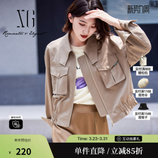 工装 新款 春季 风翻领短外套女 雪歌XJ107020A273卡其色夹克时尚