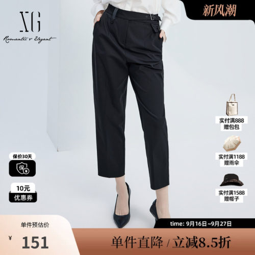 XG雪歌XJ302004A290黑色通勤休闲裤时尚秋季新款标签设计九分裤女