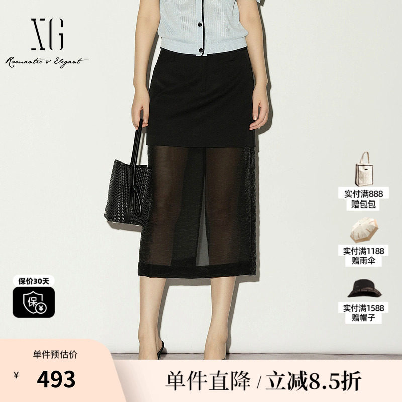 XG/雪歌XL203009A290黑色网纱拼接半身裙中长款透视A字直筒裙女装