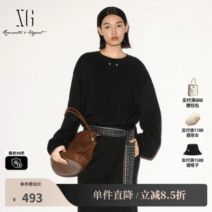 XG/雪歌 XL301009A328藏青色配飘带圆领长袖卫衣短款休闲收腰女装