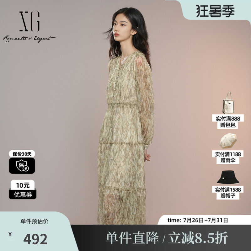 XG/雪歌XK304007B294系带领连衣裙2025秋季新款微透碎花中长裙女