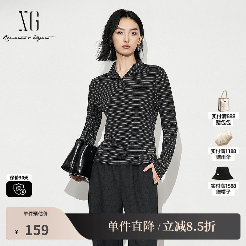 XG/雪歌XL401621B899黑灰条纹T恤2025冬季新款修身长袖打底上衣女