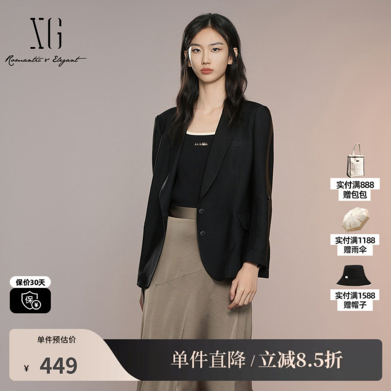 XG/雪歌XK307004A290 黑色醋纤七分袖挽边通勤休闲直筒西装外套女