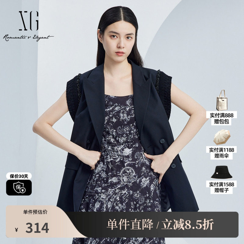 XG雪歌XJ324003A290黑色通勤马夹2025秋季新款长款西装马甲外套女