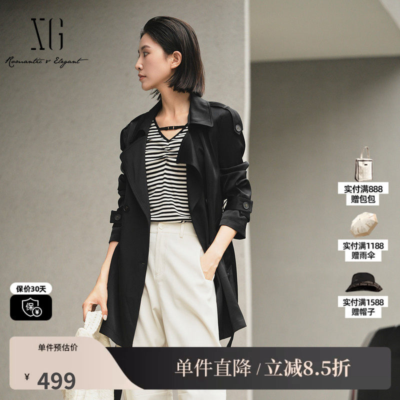 XG/雪歌XK308012A290黑色休闲风衣2025秋季新款中长款长袖外套女