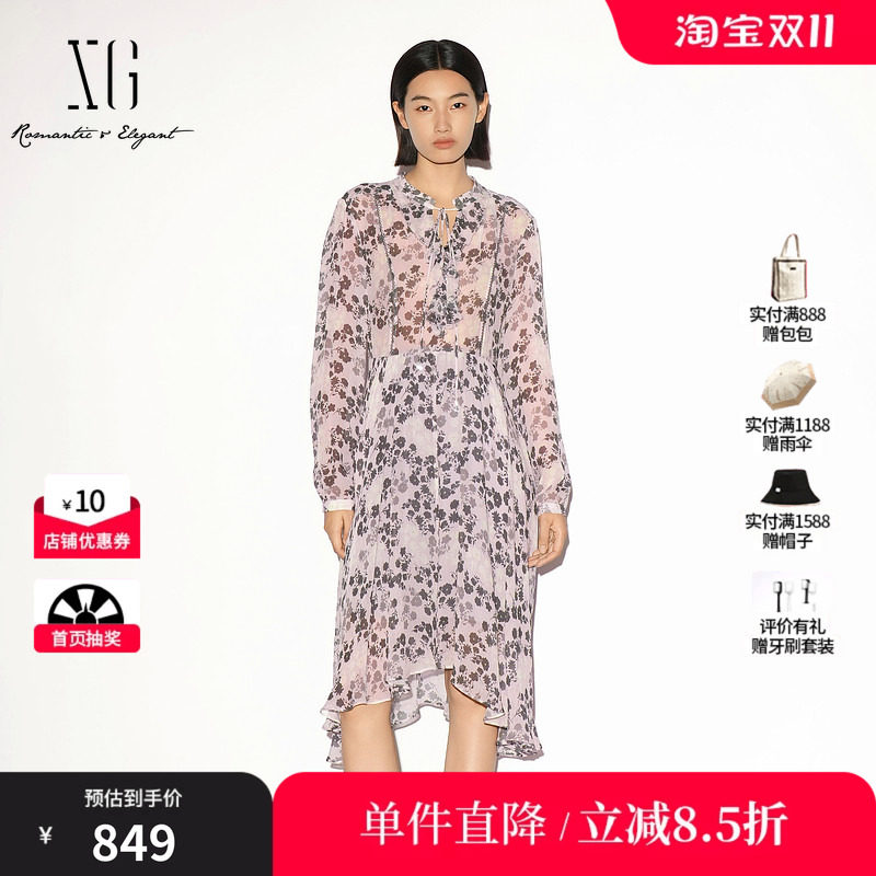 XG/雪歌 XL304001B193碎花绑带花边长袖连衣裙高腰不规则中裙女装