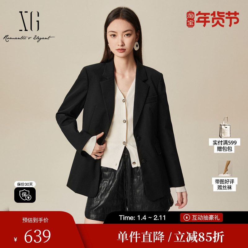 XG/雪歌XK107014A290黑色长袖西装2025春季新款翻领绵羊毛外套女,女装/女士精品,西装,淘宝优惠券,粉丝福利购,淘宝优惠卷