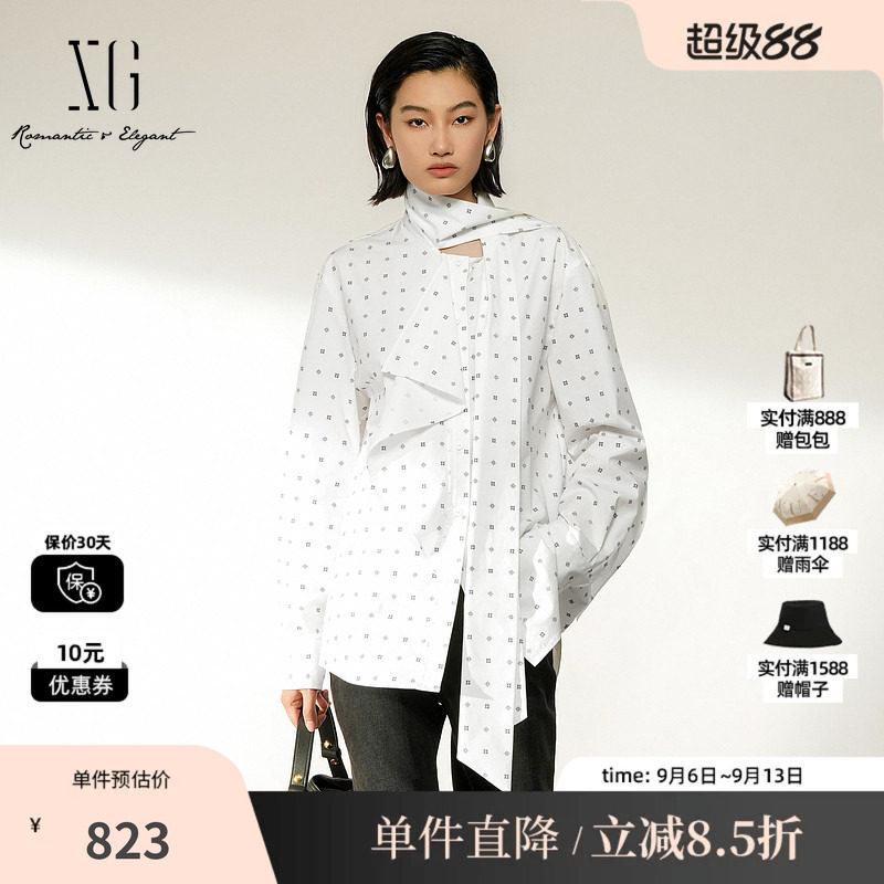 XG/雪歌 XL421010B294白色莱赛尔波点飘带翻领衬衫直筒通勤上衣女