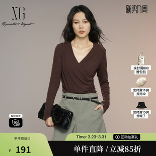 V领设计薄款 新款 上衣女 T恤2025秋季 XG雪歌XK301007A572深咖色长袖