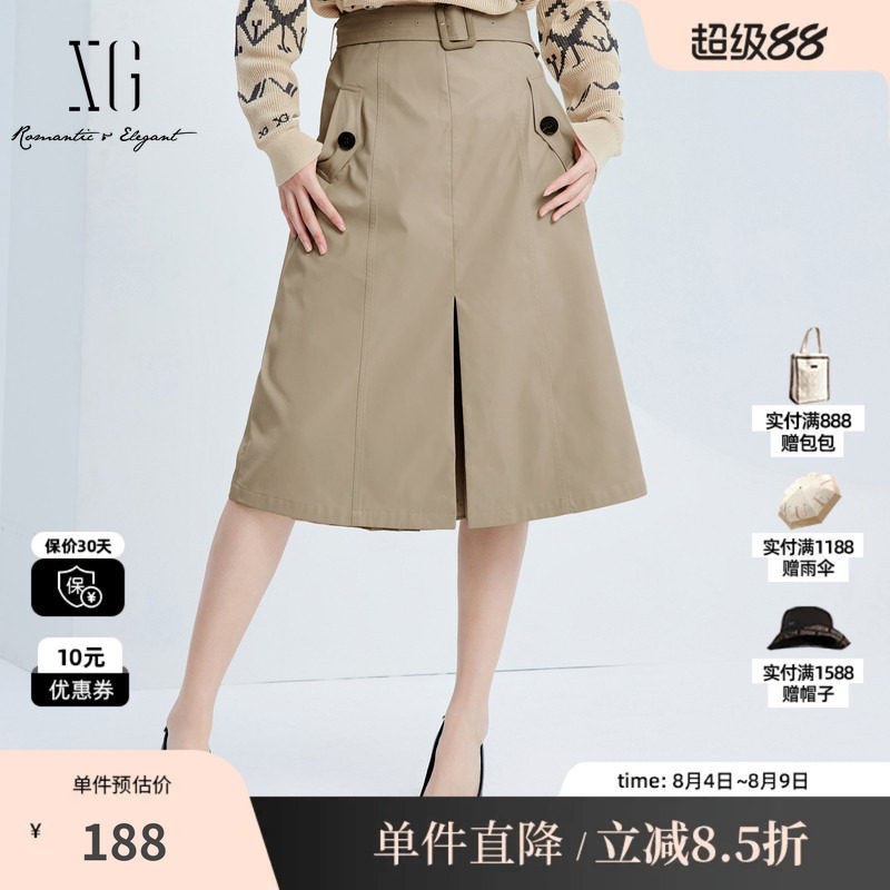 XG/雪歌XJ303008A309百褶开叉半身裙时尚秋季新款卡其色A字裙女装