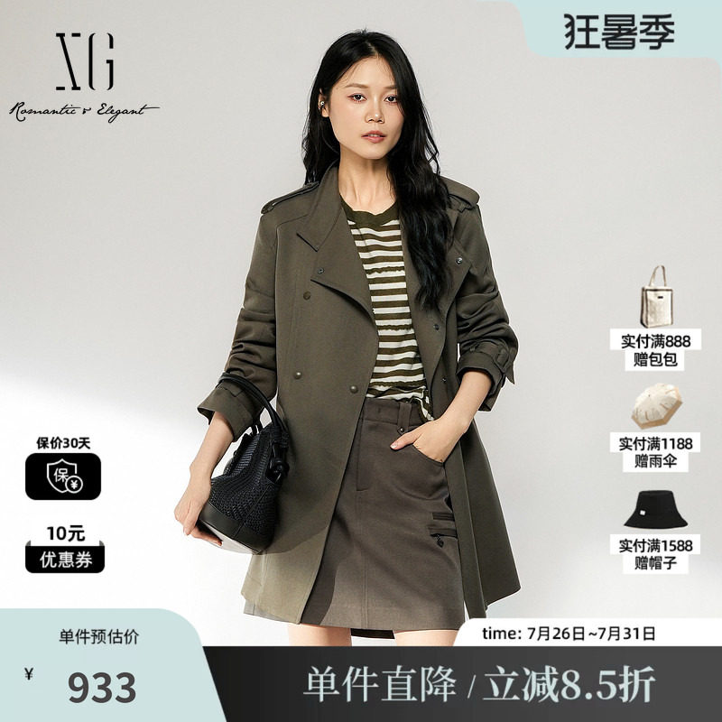 XG/雪歌 XL308008A143军绿色立领气质中长风衣外套翻领腰带通勤女