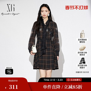 XG/雪歌XJ304014B395格纹长袖连衣裙时尚秋季新款通勤衬衫A字裙女