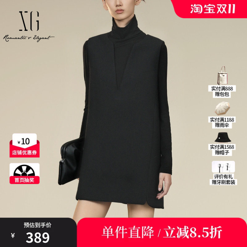 XG/雪歌XK404001A590 中长款黑长袖连衣裙厚款无袖羊毛混纺直筒女
