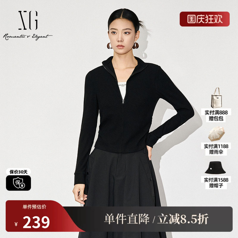 XG/雪歌XL401607B890拼接设计长袖T恤2025冬季新款黑色修身上衣女