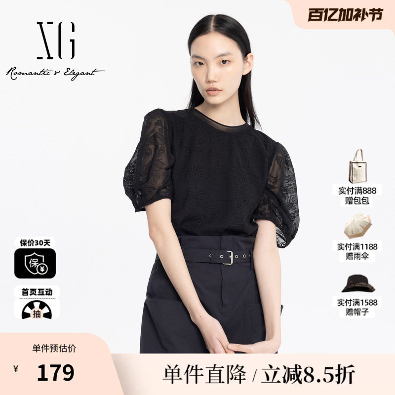 XG/雪歌XJ221044A390黑色网纱套头衬衫时尚夏季新款圆领上衣女装